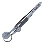 Heath Chalazion Forceps, Serrated Handle With Polished Finish, Locking Thumb Screw, Oval Solid 16mm Wide Lower Plate, Open Upper Plate With Inside Dimensions Of 12mm X 14mm, And Overall Length of 3 3/4" (96mm)  